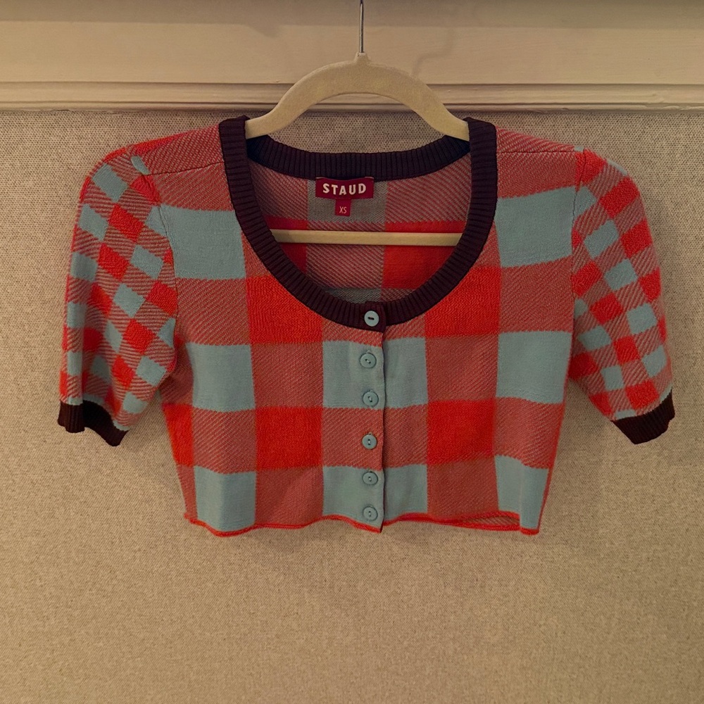 STAUD Plaid Print Cropped Sweater, size XS